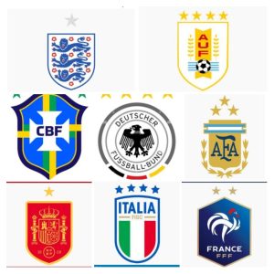 Blasons des huit équipes ayant le plus grands palmarès de la coupe du monde